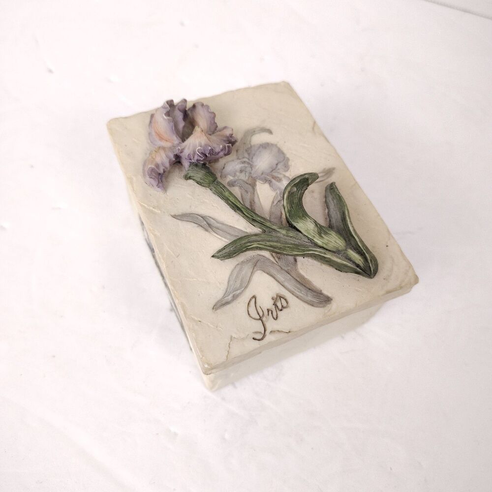 Handpainted Iris Flower Trinket Box A. Richesco Corp 3D Floral Vintage Style